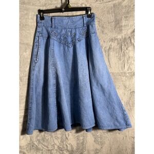 Andiamo Italia Denim Midi Skirt Blue Washed Cotton Elastic Waist S